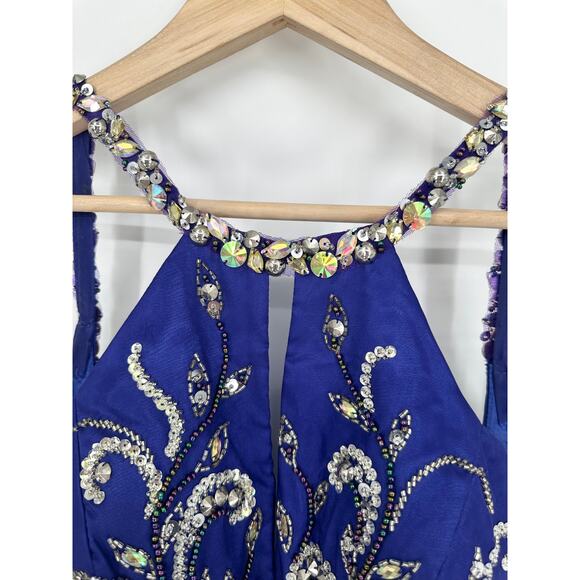 Mac Duggal Beaded Sequin Halter Maxi Prom Dress Cut-Out Open Back Sparkle Gown - Picture 4 of 13